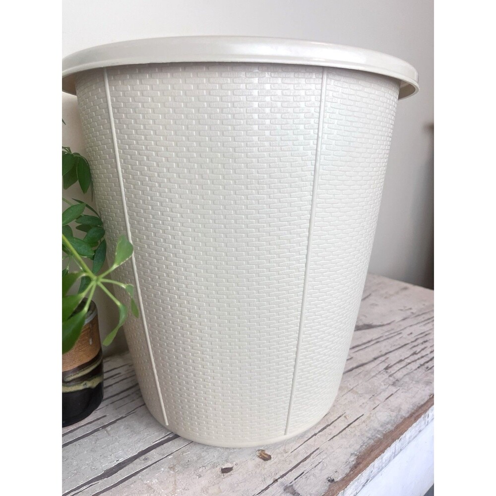 Vintage MCM  Pale Almond Beaded Plastic Retro Trashcan 11.5” Retro Home Decor